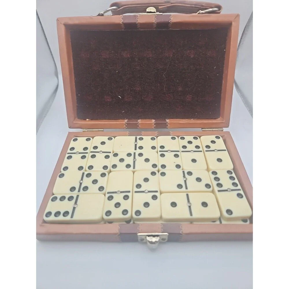 Vintage Dominoes Double Six Set 24 Piece Faux Leather Case